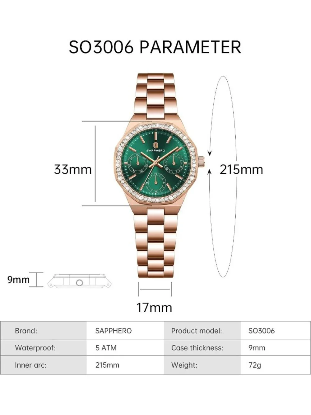 Women's Rose Gold Strap/ Green Round Face Analog Waterproof Elegant Wrist Watch